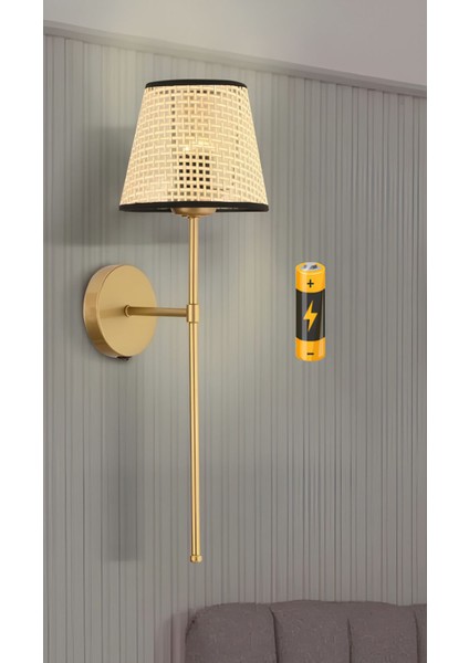 Modern Hasır Aplik, LED, pilli, kablosuz, altın ton, metal, G9, bej, 1 adet