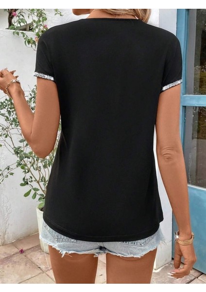 Kadın Kısa Kollu Önden Fermuarlı Kol Ucu Işıltılı Viskon Bluz indirimleri