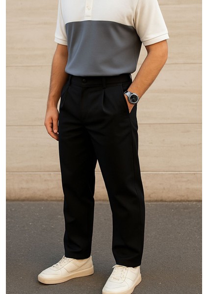 Erkek Baggy Fit Kumaş Siyah Pantolon Rahat Giyim