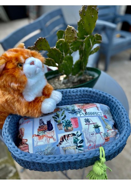 El Örgüsü Mavi Kedi Yatağı, Rahat ve Şık Tasarım, 13 cm Yükseklik