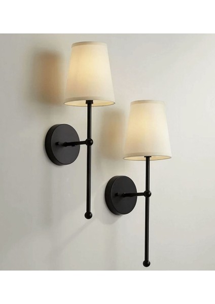 Şık Modern Duvar Aplik 2'li Siyah Metal Krem Abajur Seti, E27 Duy Tipi