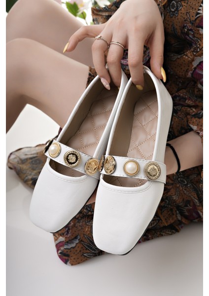 Kadın Babet Beyaz Şık Ev Iş Ofis Günlük Ayakkabı