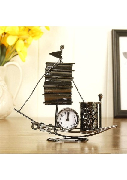 Dekoratif Yelken Modelli Metal Saatli Kalem Kutusu