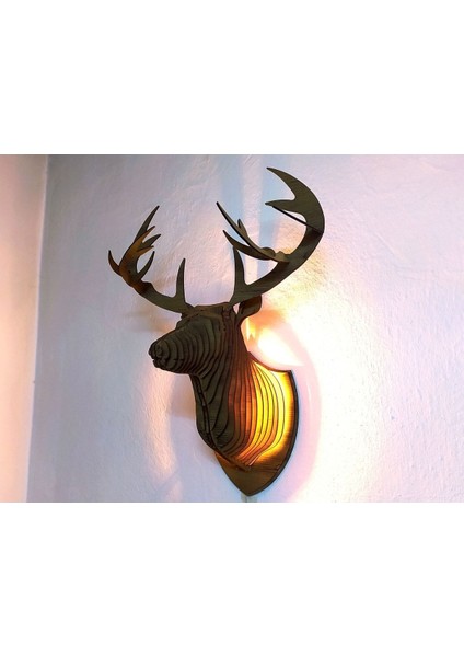 Doğal ahşap geyik kafa duvar dekoru, rustik tasarım, ampul dahil, kahverengi