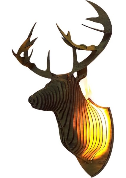 Doğal ahşap geyik kafa duvar dekoru, rustik tasarım, ampul dahil, kahverengi