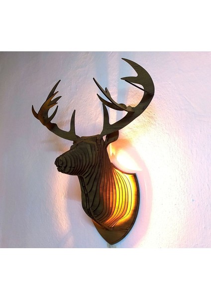Doğal ahşap geyik kafa duvar dekoru, rustik tasarım, ampul dahil, kahverengi