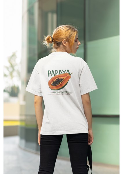 Papaya Sırt Baskılı Bisiklet Yaka Pamuklu Oversıze Kalıp Kısa Kollu Kadın Tshırt