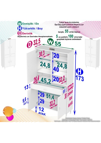 55 x 173 x 32,5 Cm’lik 1 Çekmece 4 Kapak 5 Raf 8 Gözlü,organizatör Mutfak Dolabı Çok Amaçlı Dolap