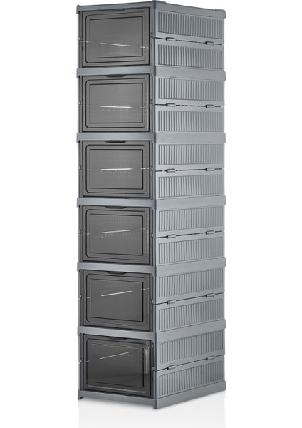 6 Katlı Modüler Gri Ayakkabılık, Katlanabilir ve Istiflenebilir Plastik Dolap