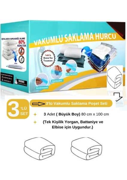 Büyük Boy Vakumlu Poşet Seti 80x100 cm, 3'lü, Mavi, Yorgan ve Yastık İçin