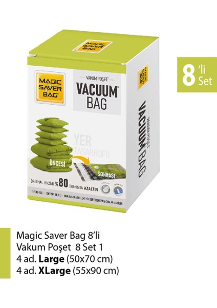 8’li ve 18’li şeffaf vakumlu saklama poşetleri, pratik ve hijyenik kullanım sağlar