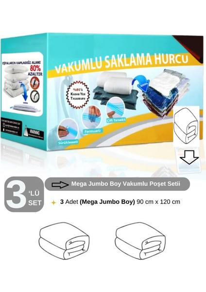 Set 3 vakumlu poşet, 90x120 cm, jumbo boyut, beyaz renk, pratik saklama çözümü