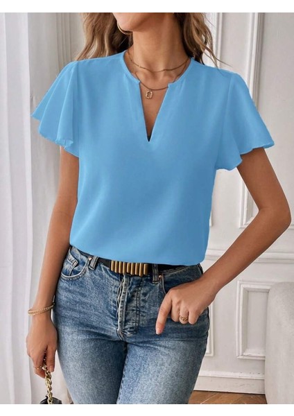 AYDOGANTICARET44 Kadın Kısa Kollu Kelebek Kollu V Yakalı Sandy Bluz fiyatları