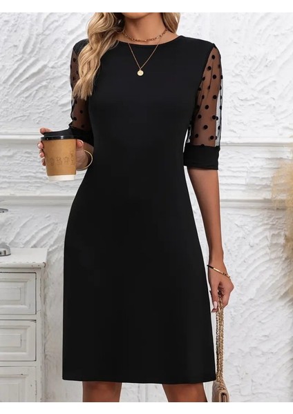 Kadın Puantiyeli Tül Kollu Bisiklet Yaka Janjan Krep Elbise indirimleri