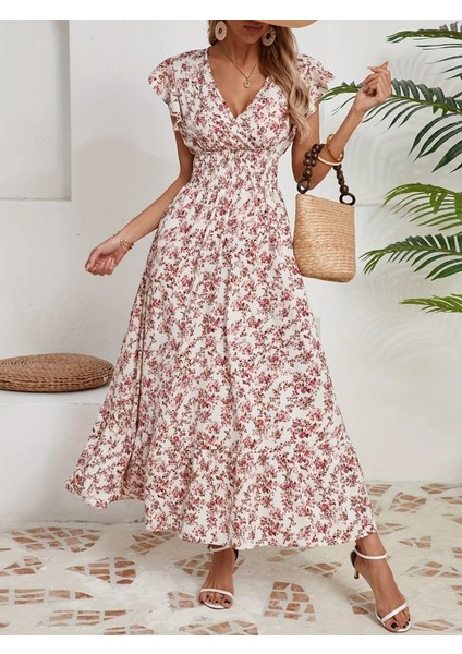 AYDOGANTICARET44 Kadın Kısa Kollu Kruvaze Yaka Beli Lastikli Çiçek Desenli Elbise