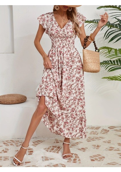 AYDOGANTICARET44 Kadın Kısa Kollu Kruvaze Yaka Beli Lastikli Çiçek Desenli Elbise fiyatları