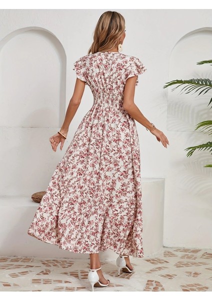 AYDOGANTICARET44 Kadın Kısa Kollu Kruvaze Yaka Beli Lastikli Çiçek Desenli Elbise indirimleri