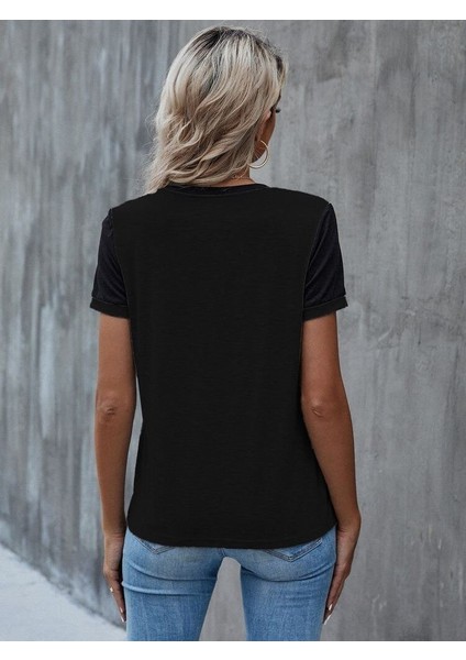 AYDOGANTICARET44 Kadın Kısa Kollu Yuvarlak Yaka Ön Dantel Detaylı Viskon Bluz fırsatları