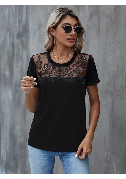 AYDOGANTICARET44 Kadın Kısa Kollu Yuvarlak Yaka Ön Dantel Detaylı Viskon Bluz indirimleri