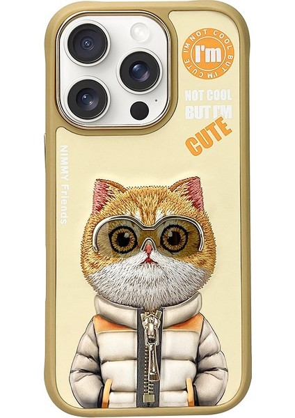 iPhone 16 Pro Uyumlu 3D Gözlük Fermuar Hipster Kedi Nakış İşlemeli Kabartmalı Cool Cute Kılıf
