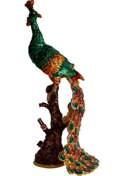 Kristal Taş Işlemeli Metal Tavus Kuşu Biblo – Ağaç Üzerinde Dekor – 18X9 cm