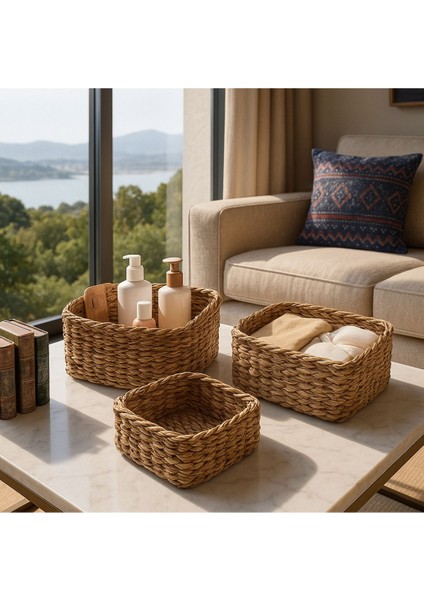 3'lü Kare Hasır Düzenleyici Seti, Dekoratif ve İşlevsel Sepetler, Kahverengi