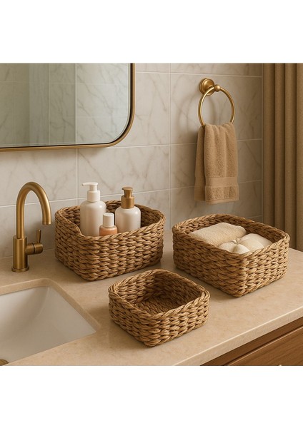 3'lü Kare Hasır Düzenleyici Seti, Dekoratif ve İşlevsel Sepetler, Kahverengi fiyatları