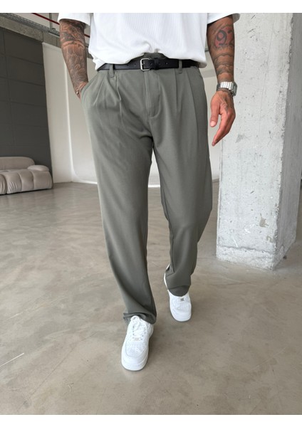 Erkek Baggy Fit Pileli Kumaş Pantolon Haki