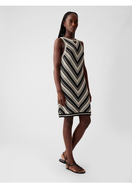 Kadın Siyah Kroşe Örgü Desenli Mini Elbise