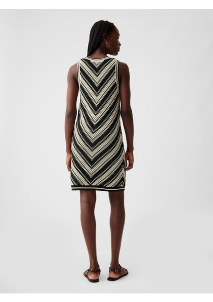 Kadın Siyah Kroşe Örgü Desenli Mini Elbise