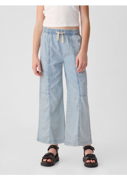 Kız Çocuk Mavi High Rise Pull-On Denim Kargo Jean Pantolon
