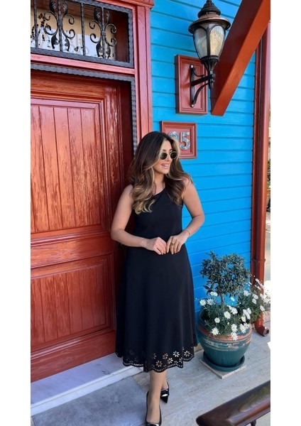 Kadın Kolsuz Etek Ucu Lazer Kesim Çiçek Desenli Midi Boy Janjan Krep Elbise fırsatları