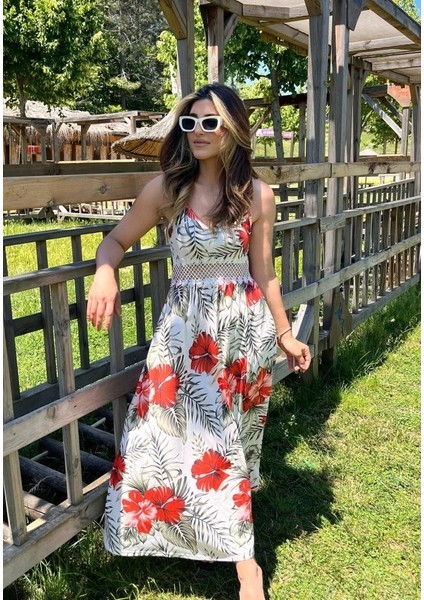 Kadın Ip Askılı V Yakalı Bel Güpür Çiçek Desenli Yandan Yırtmaçlı Maksi Süprem Elbise fiyatları