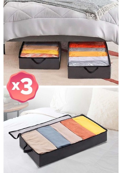 3 Adet - Antrasit Yatak Altı Baza Hurcu Fermuarlı Saklama Çantası 80 x 20 x 50 cm