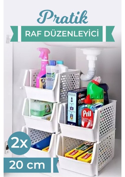 İki Parça Beyaz Pratik Raf Düzenleyici 20 cm, şık ve kullanışlı depolama çözümü