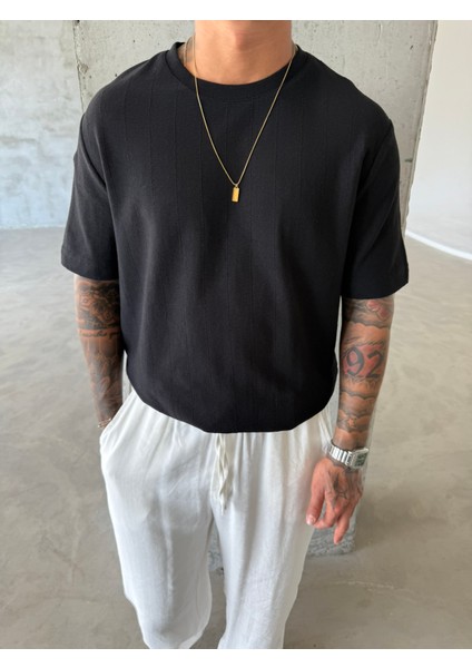 Old Money Desenli Basic T-Shirt - Siyah