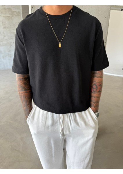 Old Money Desenli Basic T-Shirt - Siyah modelleri