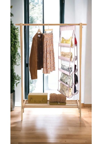 10'lu askılı çanta düzenleyici, dolap içi organizer, pembe, 35x125 cm, kumaş modelleri