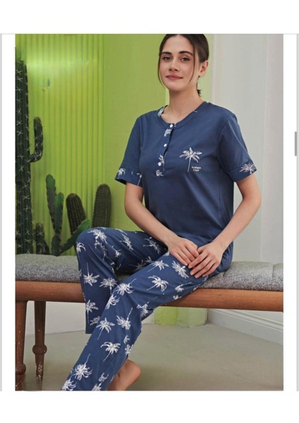 Kadın Büyük Beden Düğme Yaka Pamuklu Likralı Kısa Kol Pijama Takımı 1135 - 1 Adet