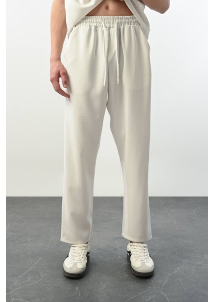 Beyaz Dökümlü Kumaş Erkek Pantolon