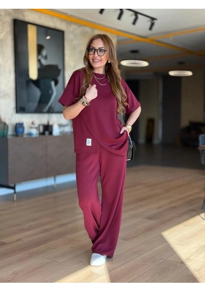 Kadın Kısa Kollu Bisiklet Yaka Asimetrik Viskon Iki Iplik Bluz ve Pantolon Ikili Takım