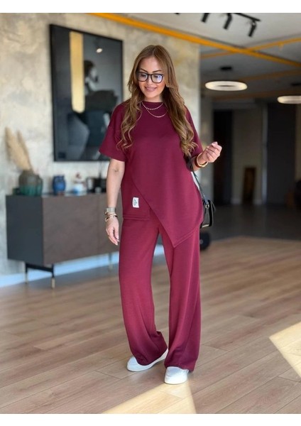 Kadın Kısa Kollu Bisiklet Yaka Asimetrik Viskon Iki Iplik Bluz ve Pantolon Ikili Takım