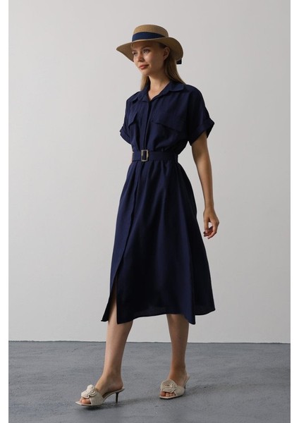 Kuşaklı Cep Detaylı Yarım Kol Elbise - Lacivert fiyatları