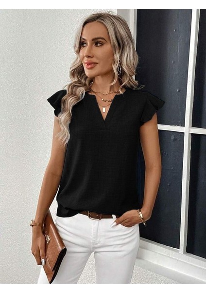Kadın Kısa Kelebek Kollu V Yakalı Bluz