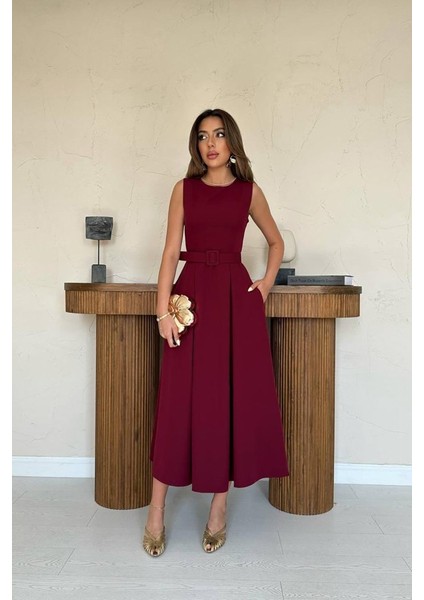 Bordo Halter Yaka Kloş Elbise