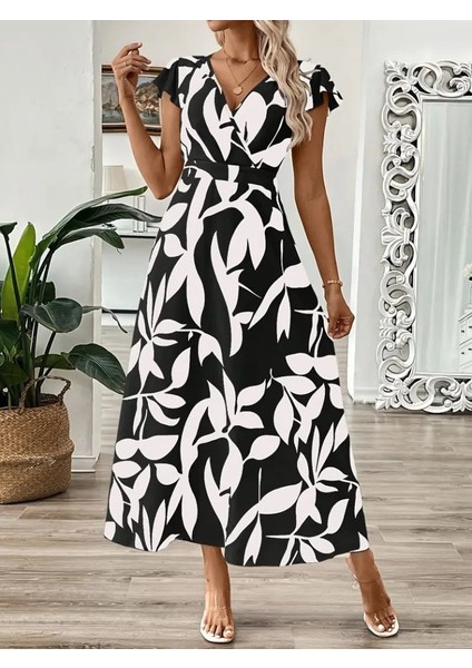 Kadın Kısa Kelebek Kollu Kruvaze Yaka Desenli Süprem Elbise