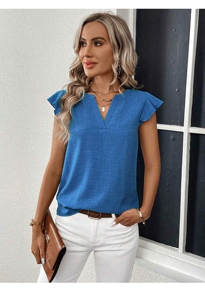 Kadın Kısa Kelebek Kollu V Yakalı Bluz
