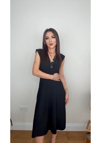 Kadın Kısa Kollu Kruvaze Yakalı Bel Korsajı Buzgulu Midi Janjan Krep Elbise