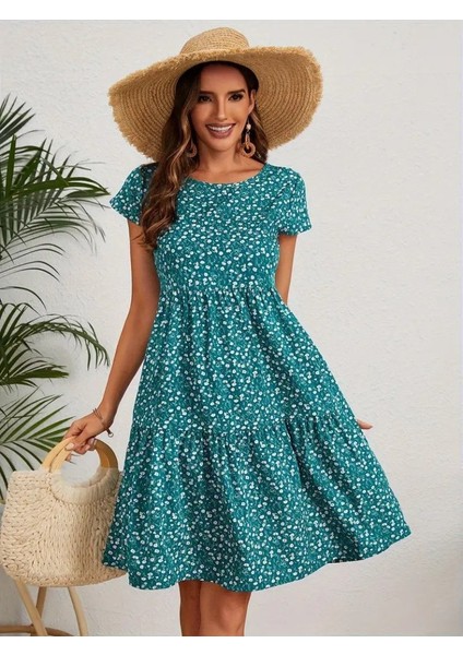 Miracotton Kadın Kısa Kollu Bisiklet Yaka Çiçek Desenli Süprem Elbise modelleri