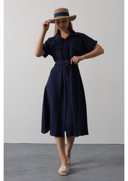 Miracotton Kuşaklı Cep Detaylı Yarım Kol Elbise - Lacivert